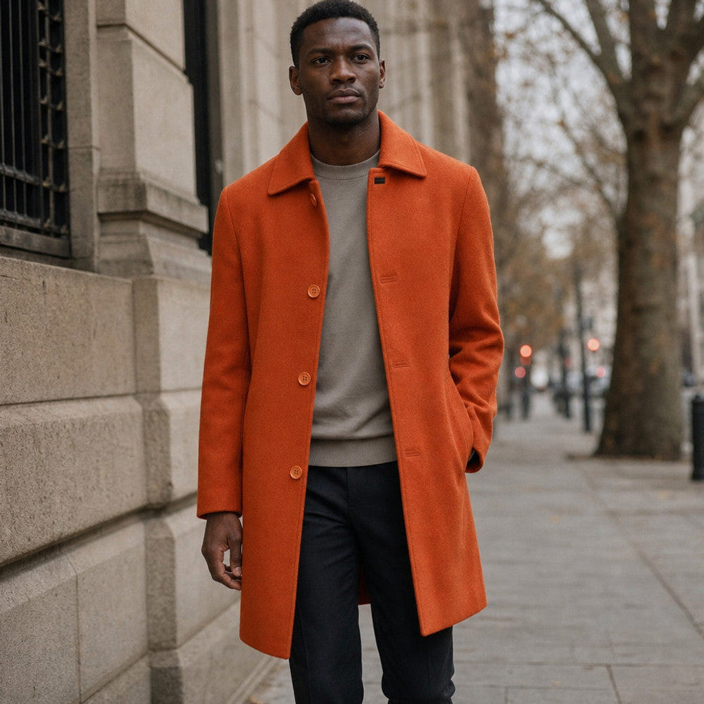 Halbeck | Wool Car Coat Single Breasted Burnt Orange Orange – Styled Editorial Shot
