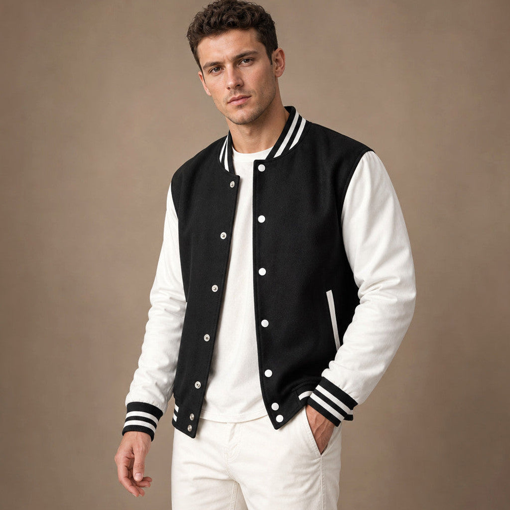 Halbrook | Varsity Jacket Leather Sleeves Black Black – Side Angle View