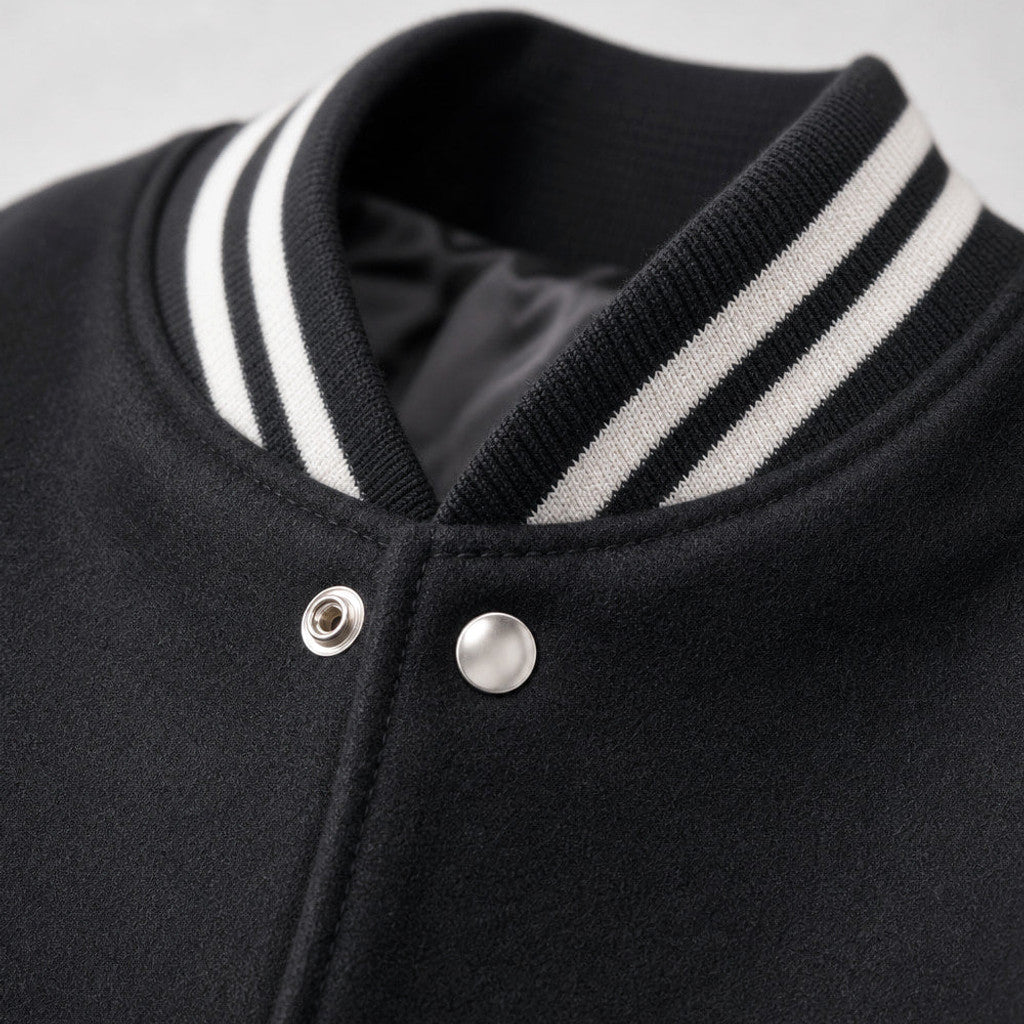 Halbrook | Varsity Jacket Leather Sleeves Black Black – Fabric and Detail Close-Up