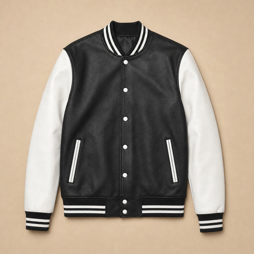 Halbrook | Varsity Jacket Leather Sleeves Black Black – Flat Lay Product Photo