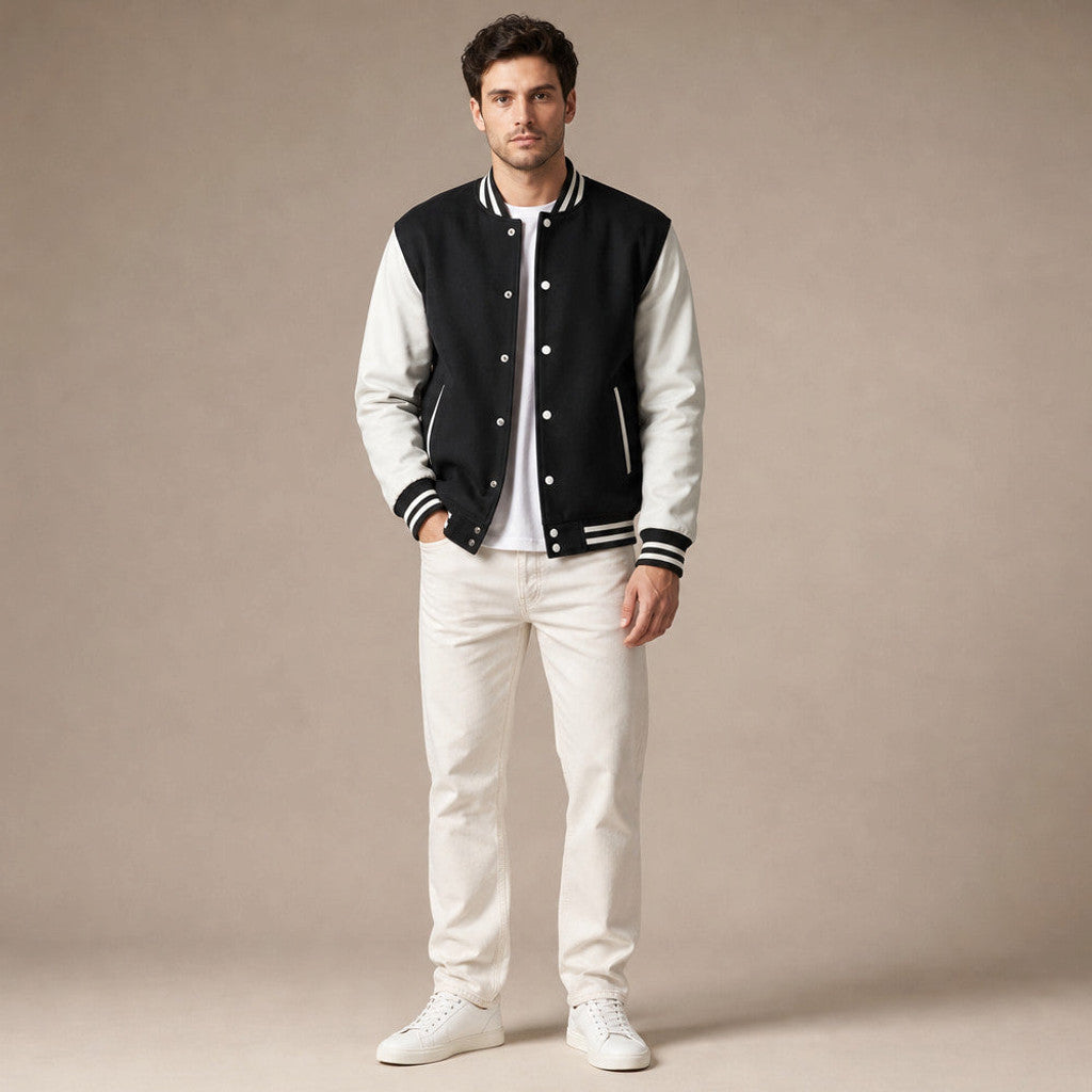 Halbrook | Varsity Jacket Leather Sleeves Black Black – Full Look