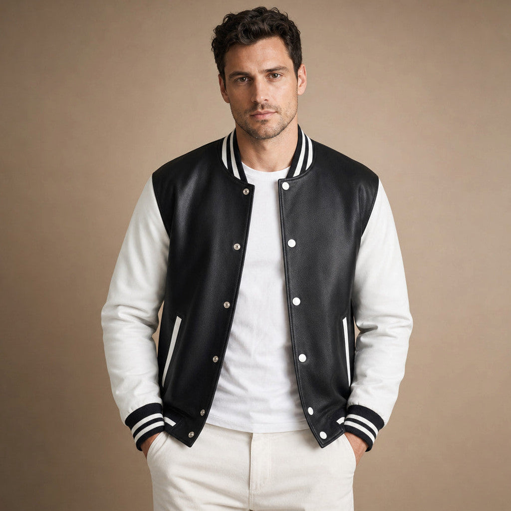 Halbrook | Varsity Jacket Leather Sleeves Black Black – Product Photo