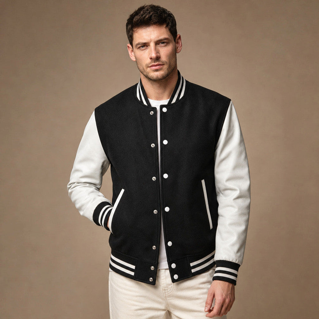 Halbrook | Varsity Jacket Leather Sleeves Black in Black – Premium Editorial