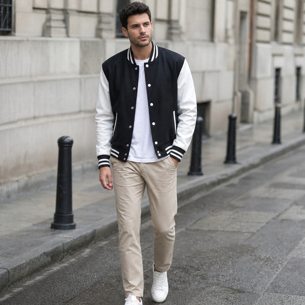 Halbrook | Varsity Jacket Leather Sleeves Black Black – Styled Editorial Shot