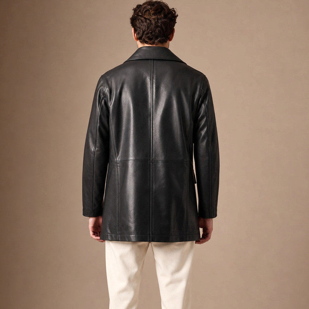 Halton | Leather Pea Coat Sheepskin Black – Product Photo