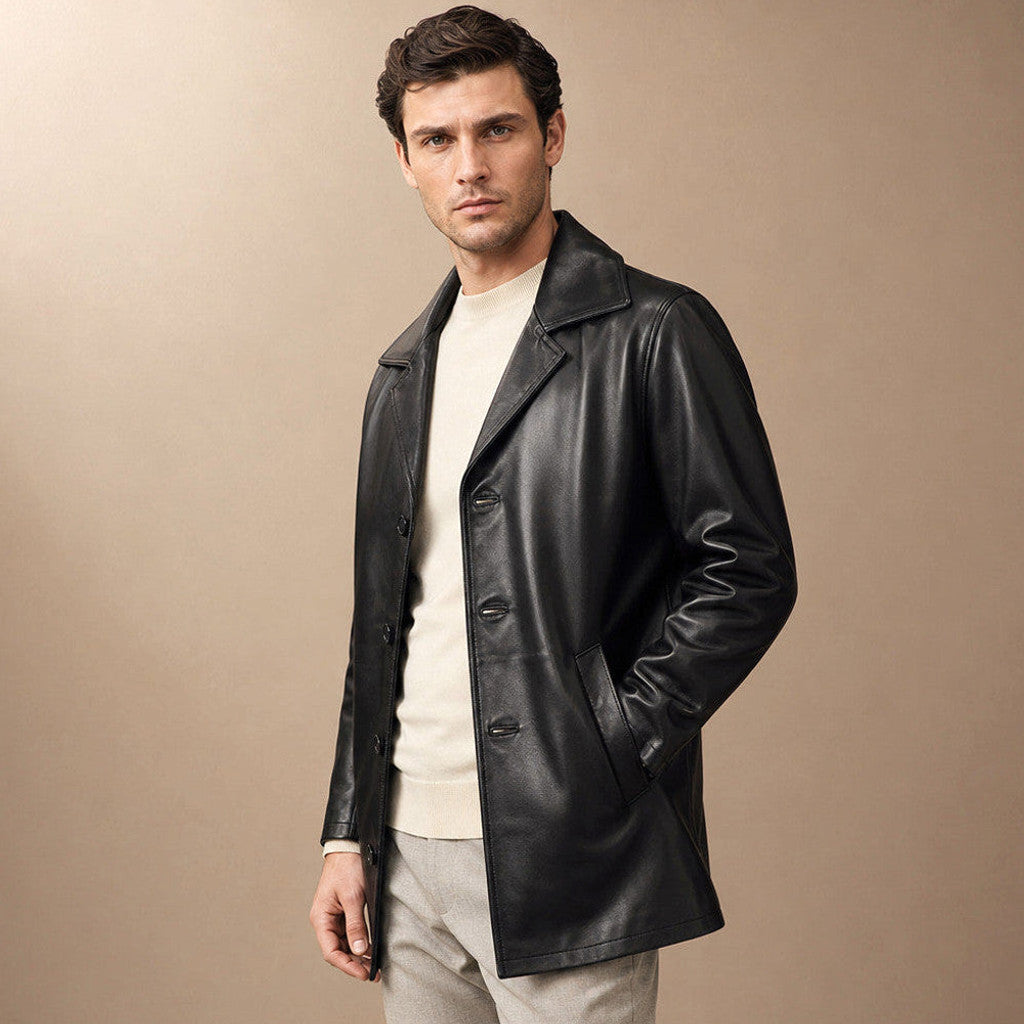 Halton | Leather Pea Coat Sheepskin Black – Product Photo