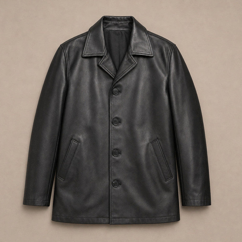 Halton | Leather Pea Coat Sheepskin Black – Product Photo