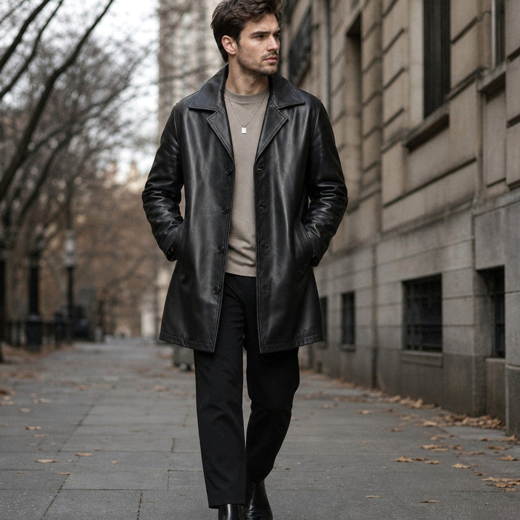 Halton | Leather Pea Coat Sheepskin Black – Product Photo