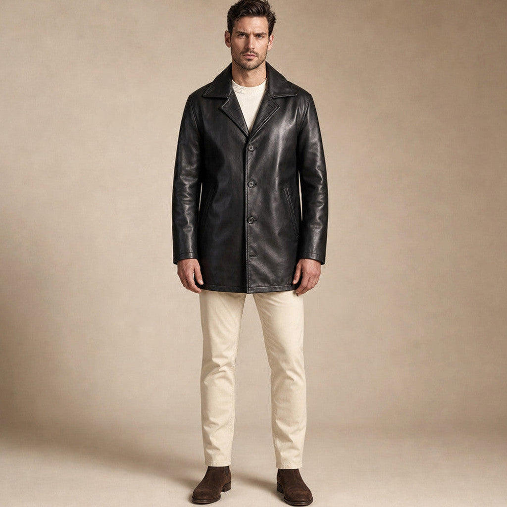 Black sheepskin leather pea coat with wide notch lapels and single button front