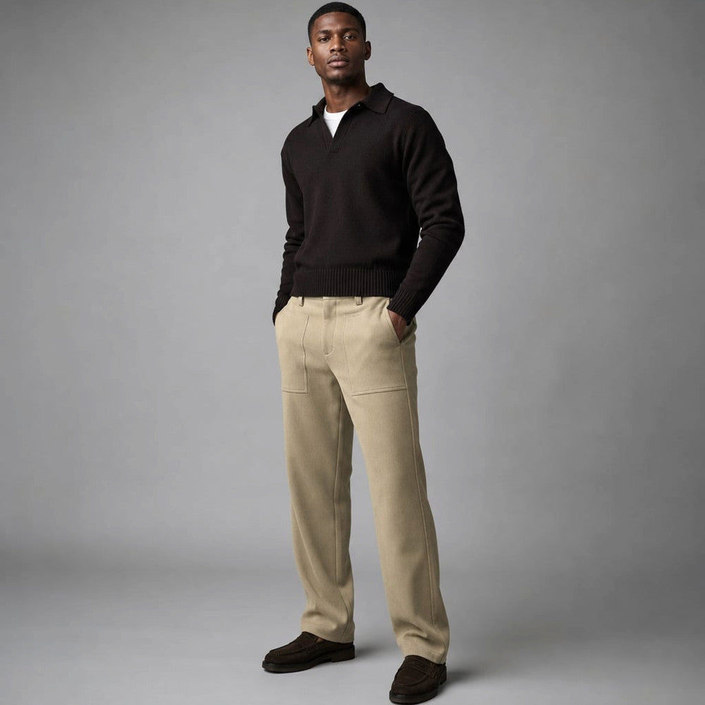 Halvex | Trouser Herringbone Tailored Tonal Crest Embroidery Beige – Product Photo