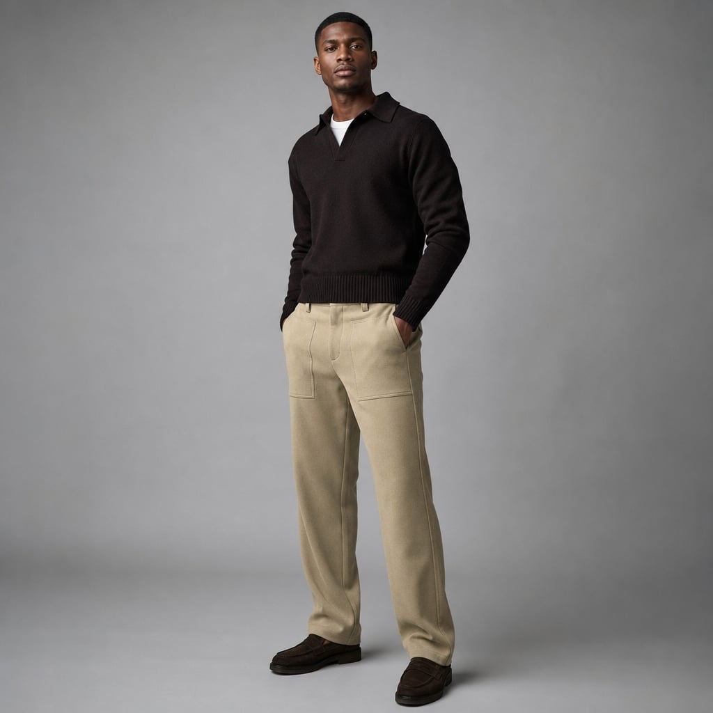 Halvex | Trouser Herringbone Tailored Tonal Crest Embroidery Beige – Product Photo