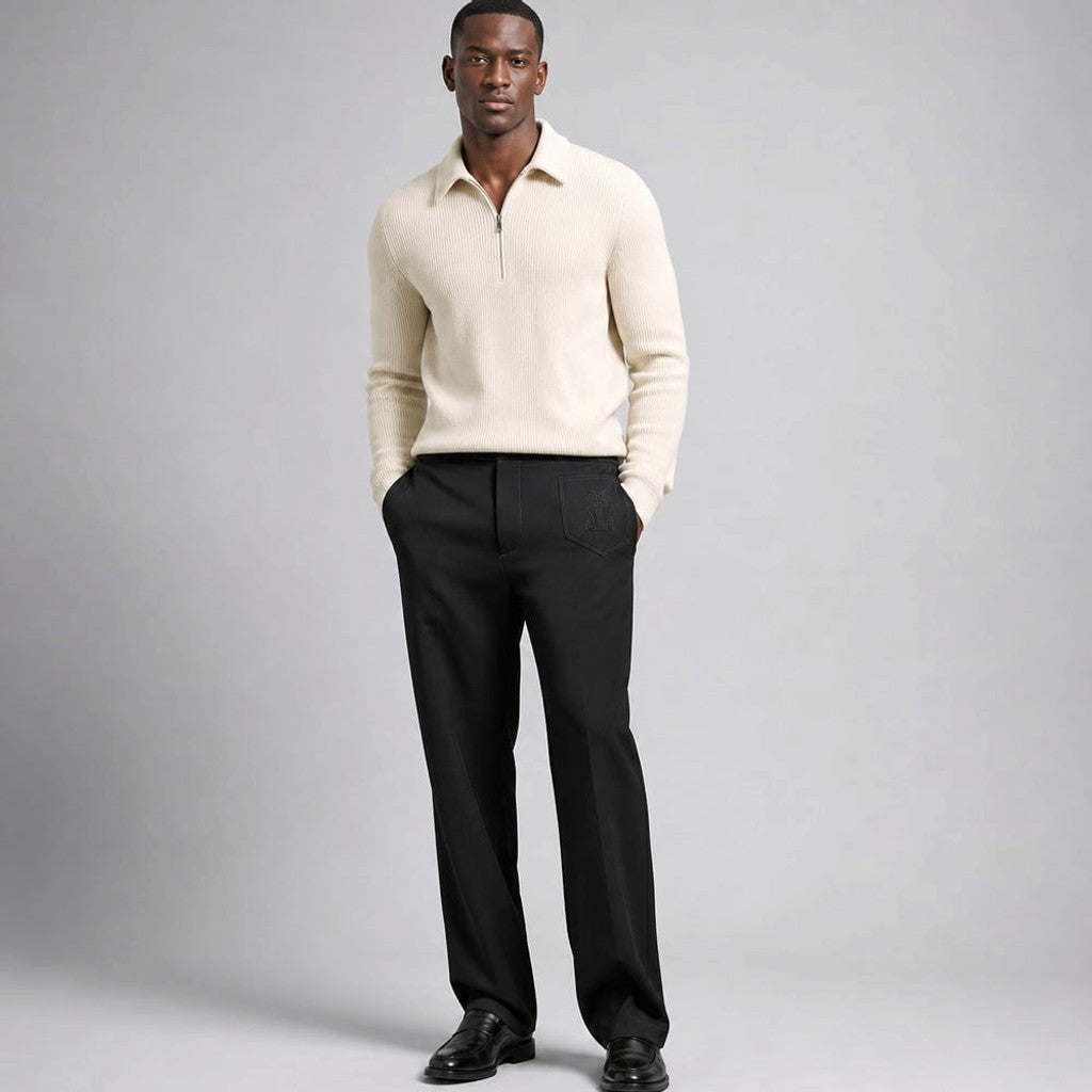 Halvex | Trouser Herringbone Tailored Tonal Crest Embroidery Black – Product Photo