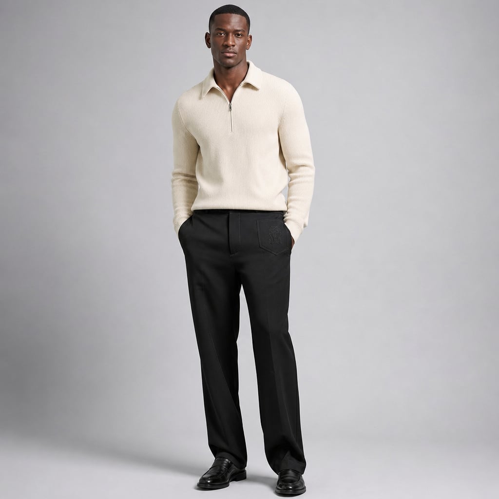 Halvex | Trouser Herringbone Tailored Tonal Crest Embroidery Black – Product Photo