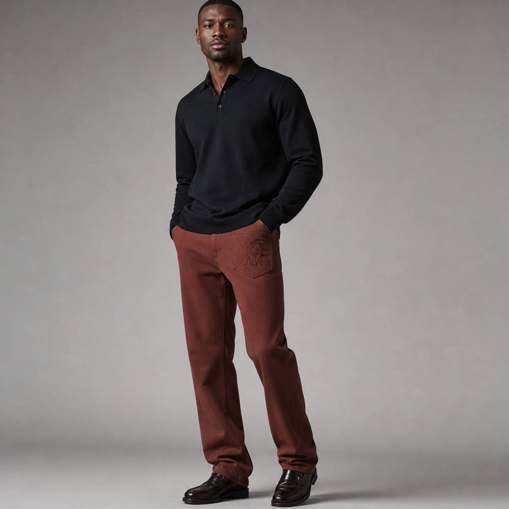 Halvex | Trouser Herringbone Tailored Tonal Crest Embroidery Brick Red – Product Photo