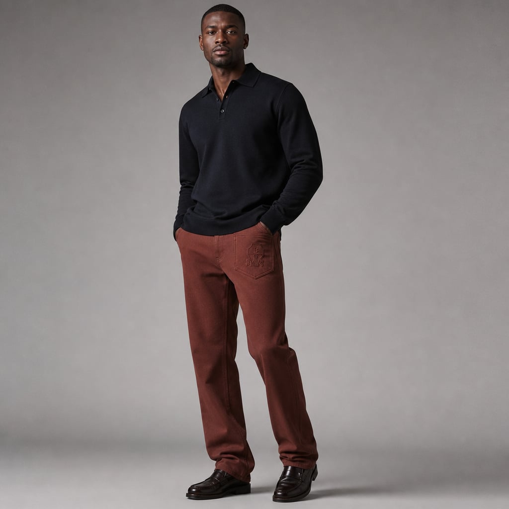 Halvex | Trouser Herringbone Tailored Tonal Crest Embroidery Brick Red – Product Photo