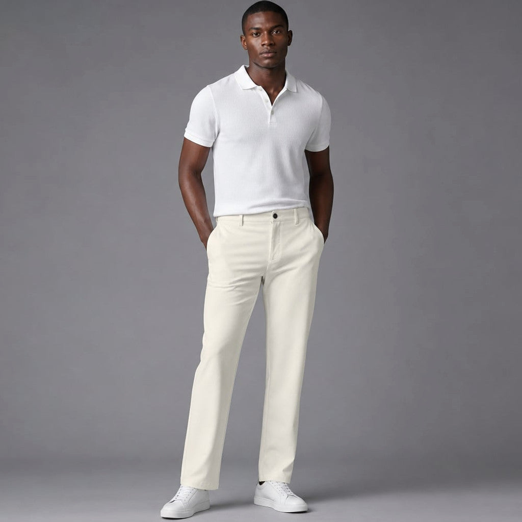 Halvex | Trouser Herringbone Tailored Tonal Crest Embroidery White – Side Angle View