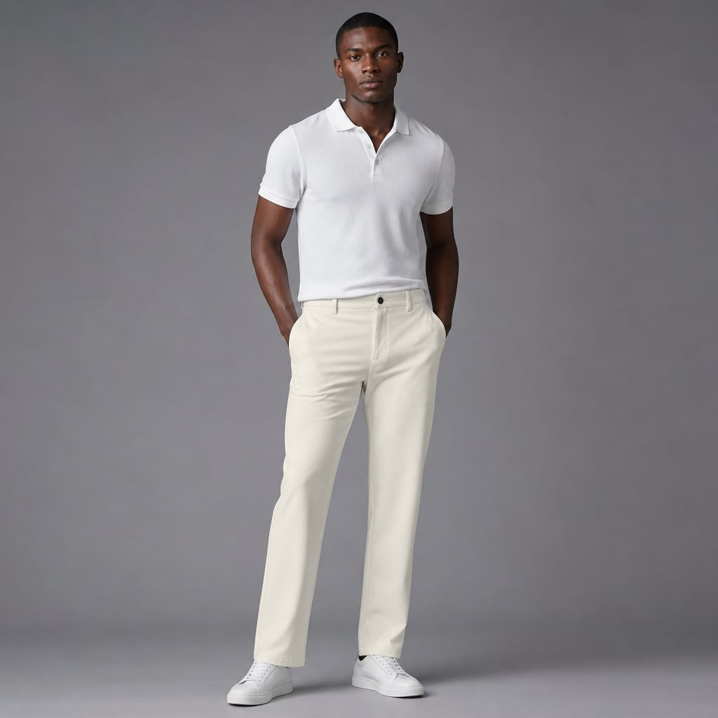 Halvex | Trouser Herringbone Tailored Tonal Crest Embroidery White – Side Angle View