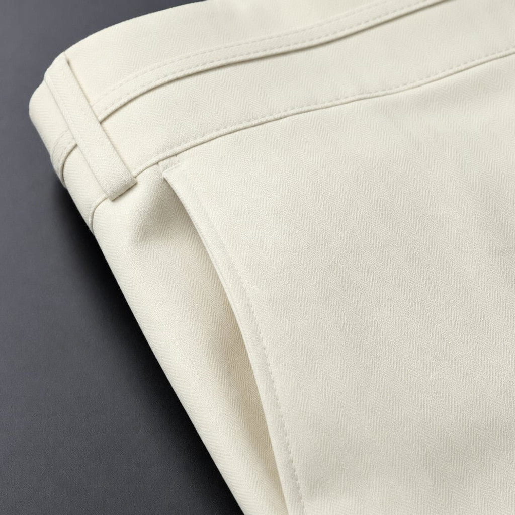 Halvex | Trouser Herringbone Tailored Tonal Crest Embroidery White – Fabric and Detail Close-Up