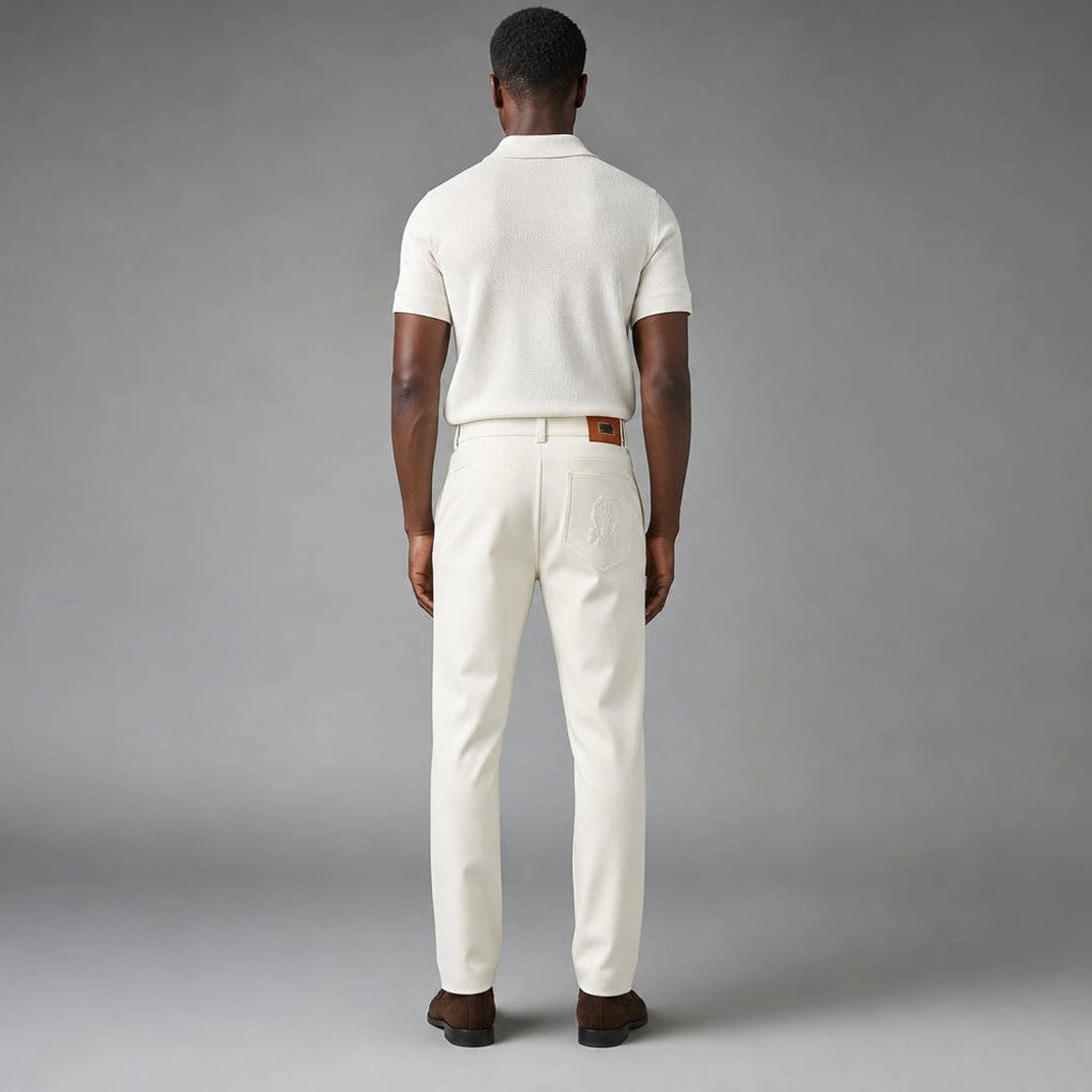 Halvex | Trouser Herringbone Tailored Tonal Crest Embroidery White – Full Look