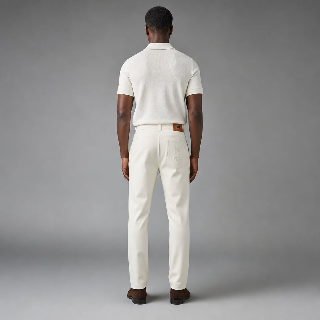 Halvex | Trouser Herringbone Tailored Tonal Crest Embroidery White – Full Look