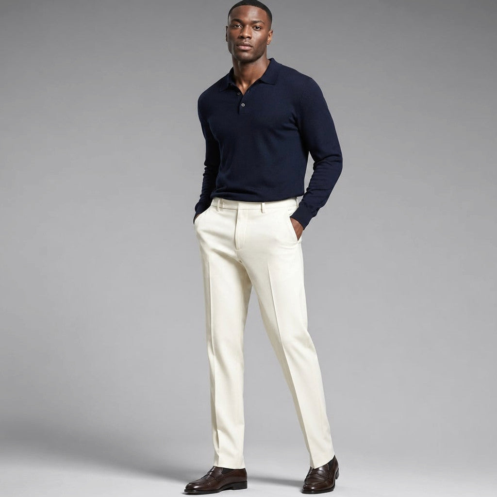 Halvex | Trouser Herringbone Tailored Tonal Crest Embroidery White – Product Photo