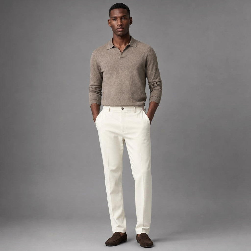 Halvex | Trouser Herringbone Tailored Tonal Crest Embroidery in White – Tomosino Premium Menswear