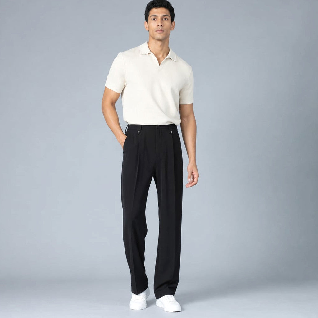 Halwick | Pleated Trouser Relaxed Fit Stretch Woven Black – Product Photo