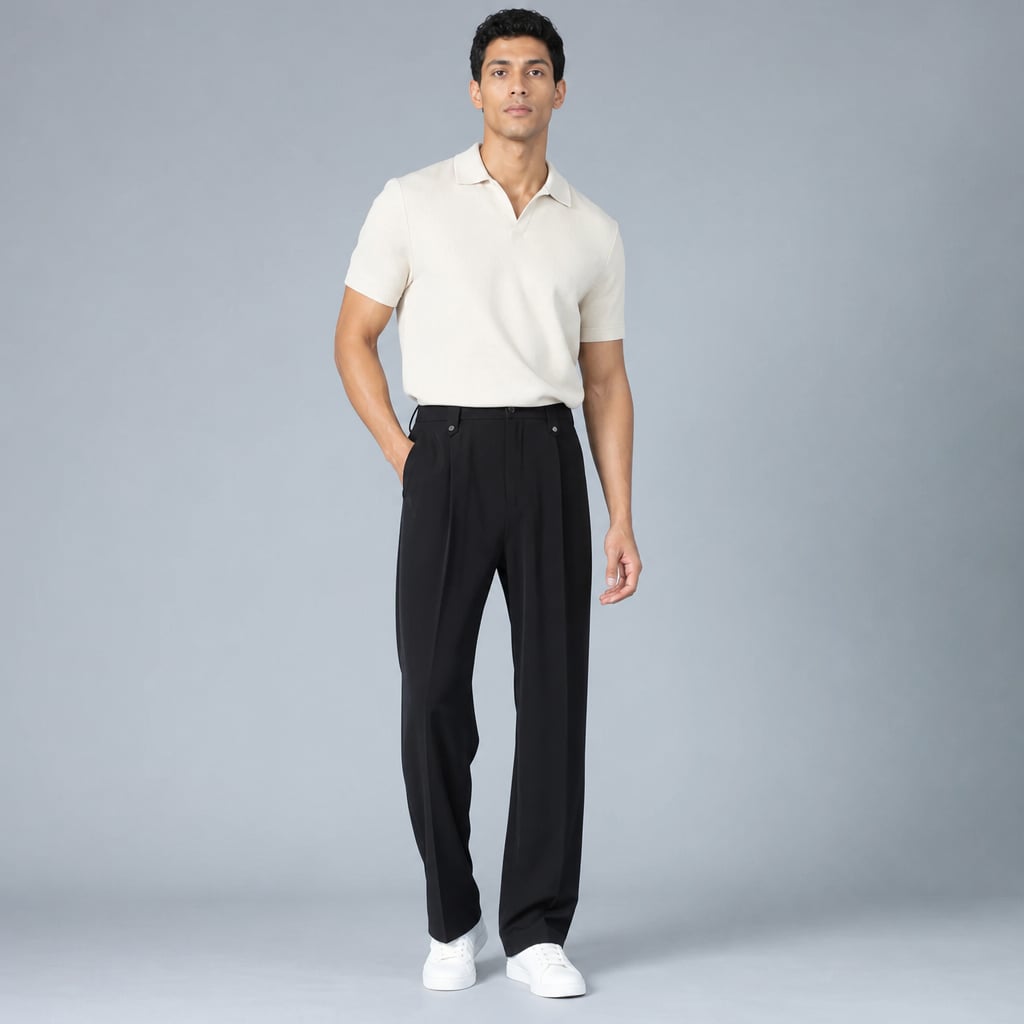 Halwick | Pleated Trouser Relaxed Fit Stretch Woven Black – Product Photo