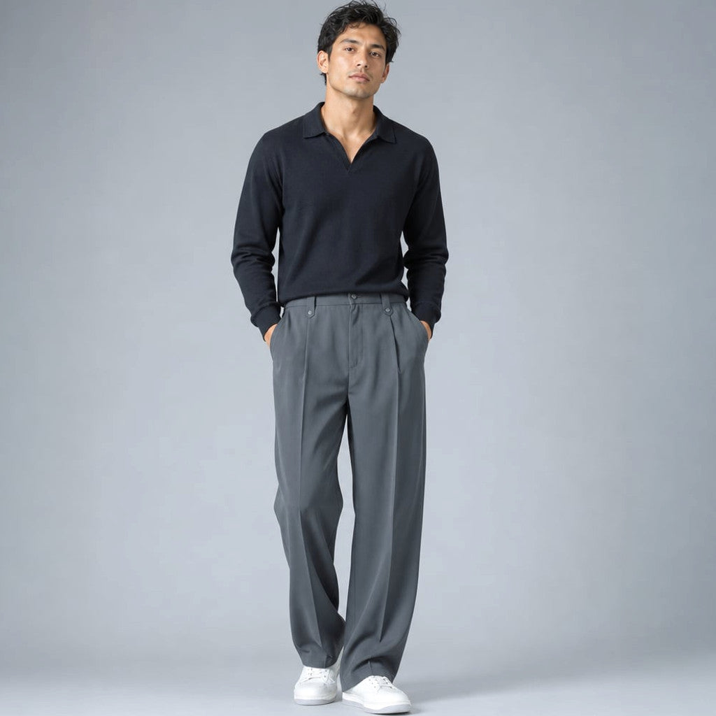 Halwick | Pleated Trouser Relaxed Fit Stretch Woven Grey – Product Photo