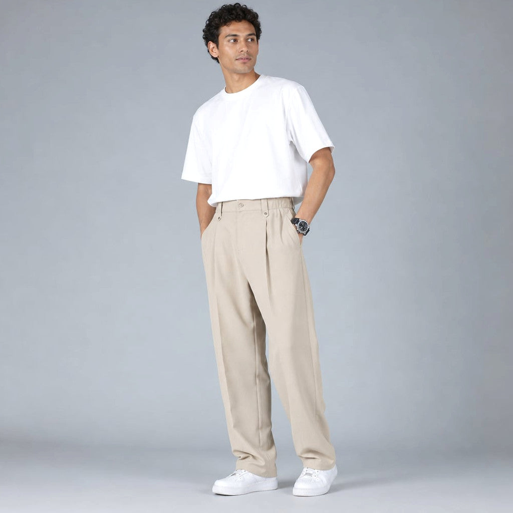 Halwick | Pleated Trouser Relaxed Fit Stretch Woven Khaki – Side Angle View