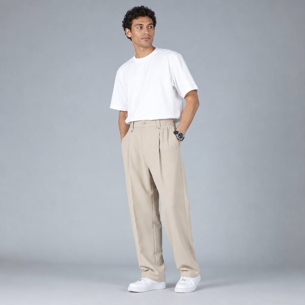 Halwick | Pleated Trouser Relaxed Fit Stretch Woven Khaki – Side Angle View