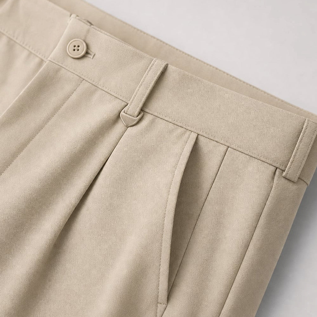Halwick | Pleated Trouser Relaxed Fit Stretch Woven Khaki – Fabric and Detail Close-Up