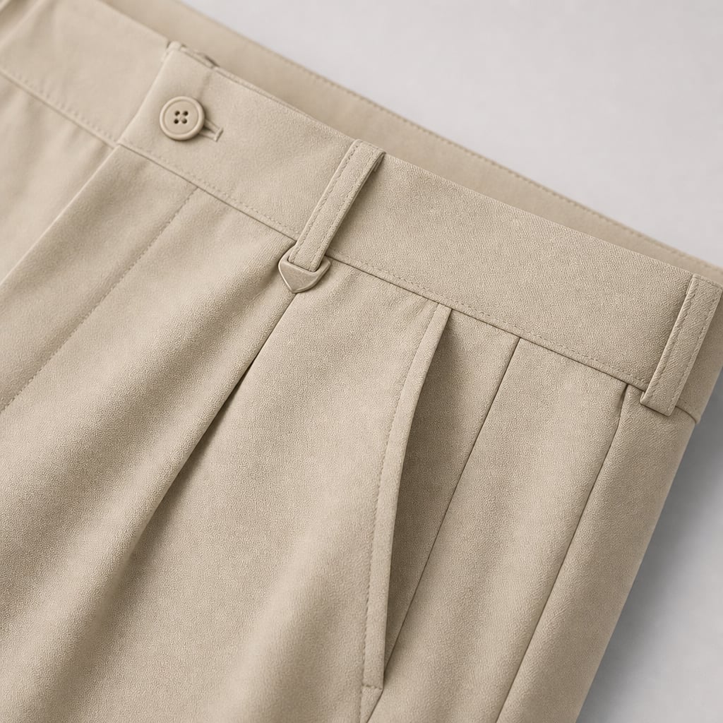 Halwick | Pleated Trouser Relaxed Fit Stretch Woven Khaki – Fabric and Detail Close-Up