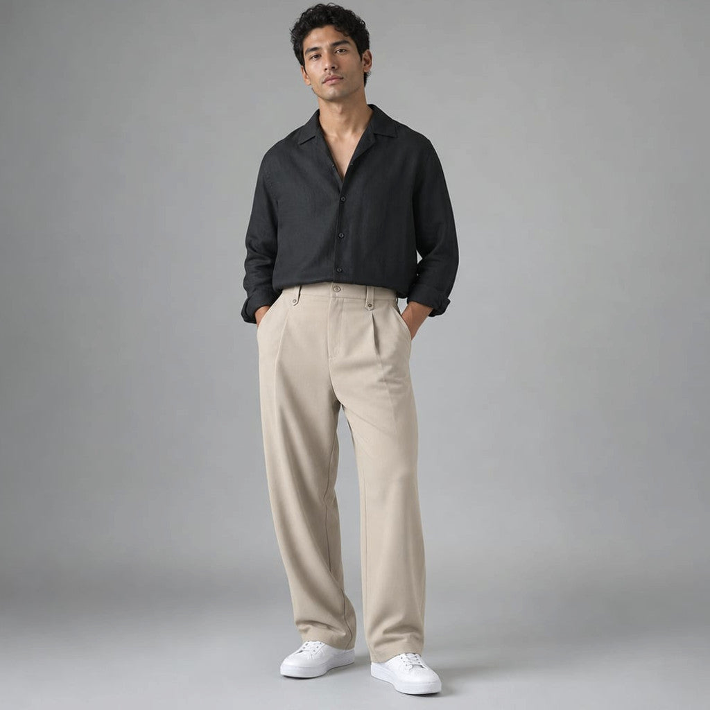 Halwick | Pleated Trouser Relaxed Fit Stretch Woven Khaki – Product Photo