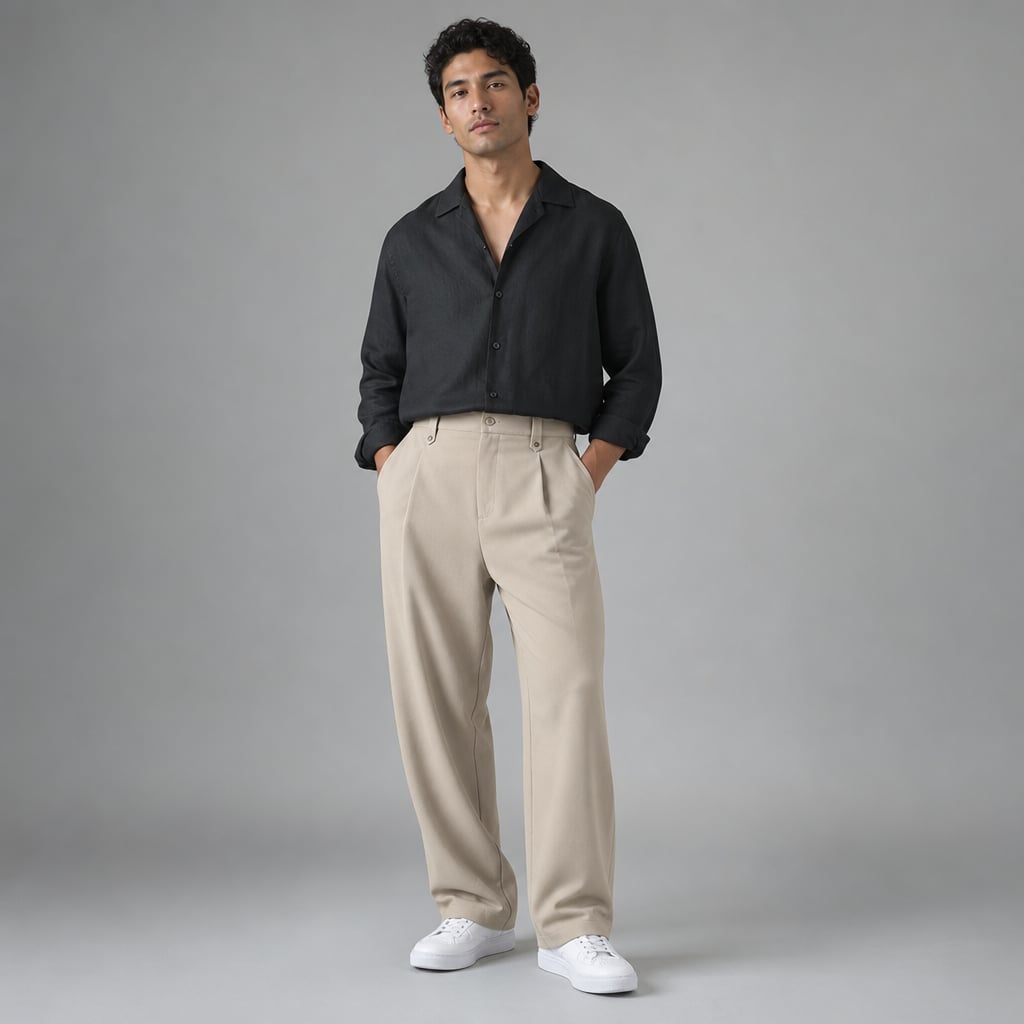Halwick | Pleated Trouser Relaxed Fit Stretch Woven Khaki – Product Photo