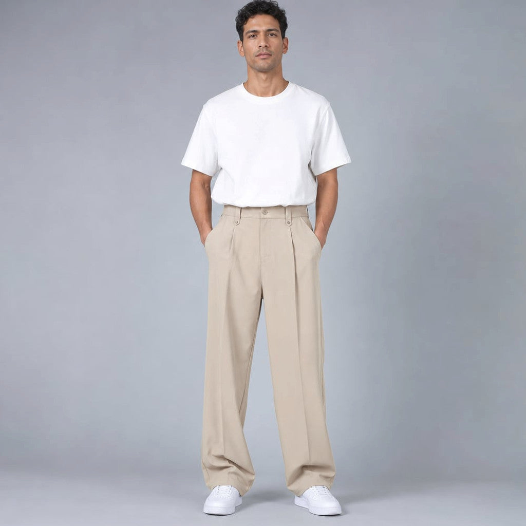 Halwick | Pleated Trouser Relaxed Fit Stretch Woven in Khaki – Tomosino Premium Menswear