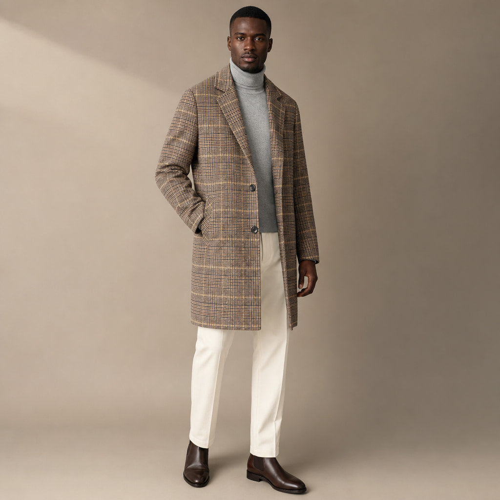 Plaid Duffle Coat Tailored Lines Brown – Side Angle View