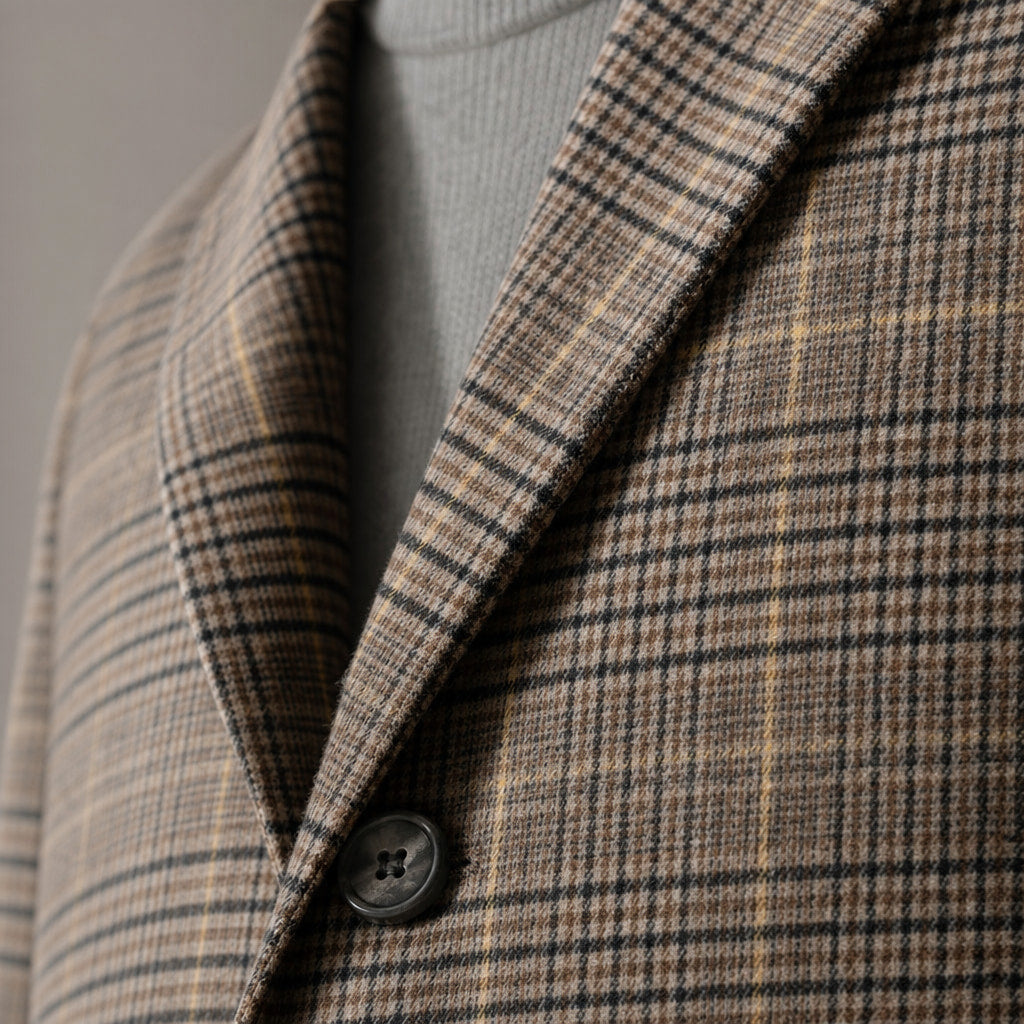 Plaid Duffle Coat Tailored Lines Brown – Fabric and Detail Close-Up