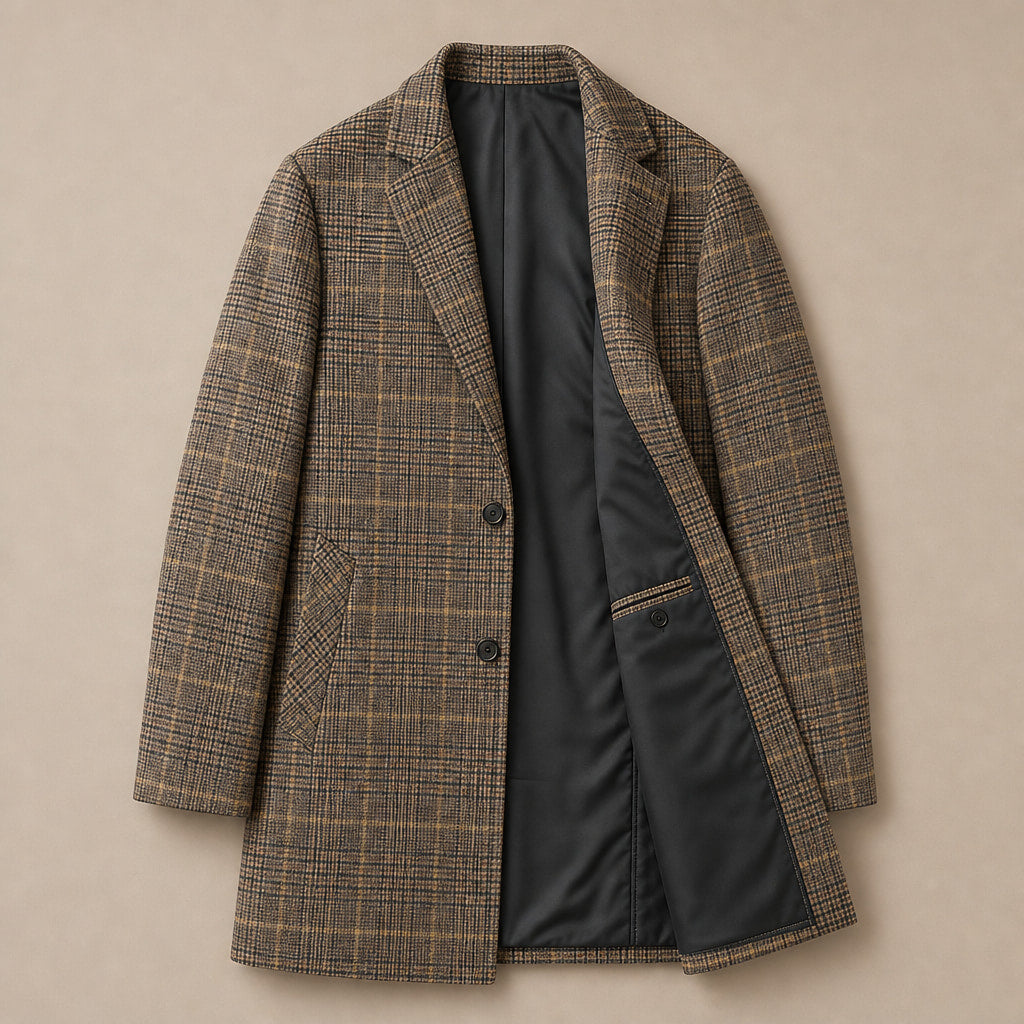 Plaid Duffle Coat Tailored Lines Brown – Flat Lay Product Photo
