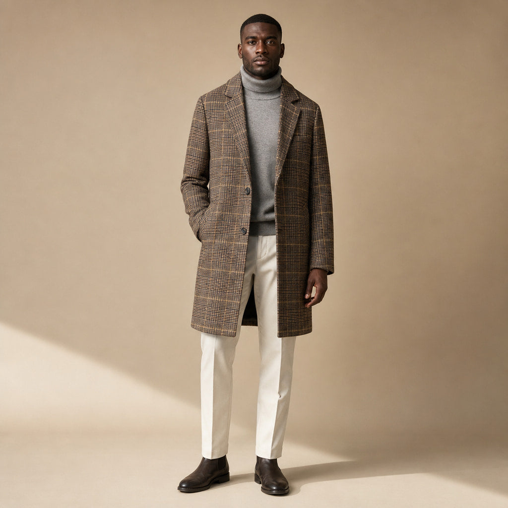 Plaid Duffle Coat Tailored Lines Brown – Product Photo