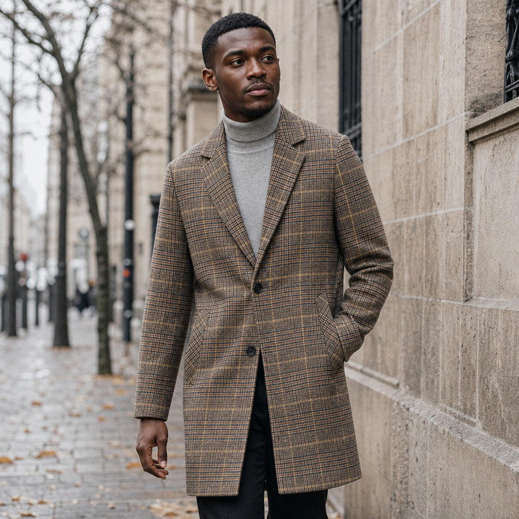 Plaid Duffle Coat Tailored Lines Brown – Styled Editorial Shot