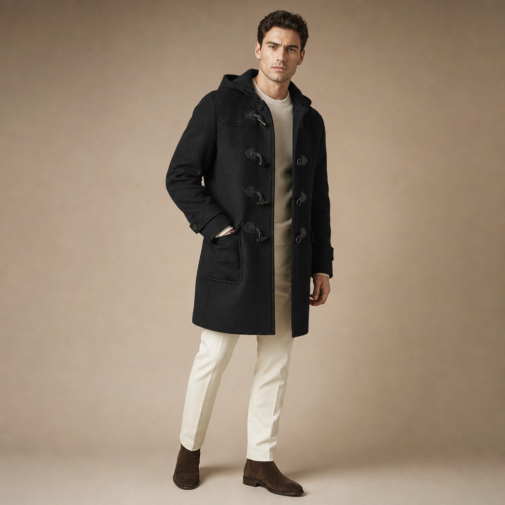 Duffle Coat Toggle Front Black Black – Side Angle View