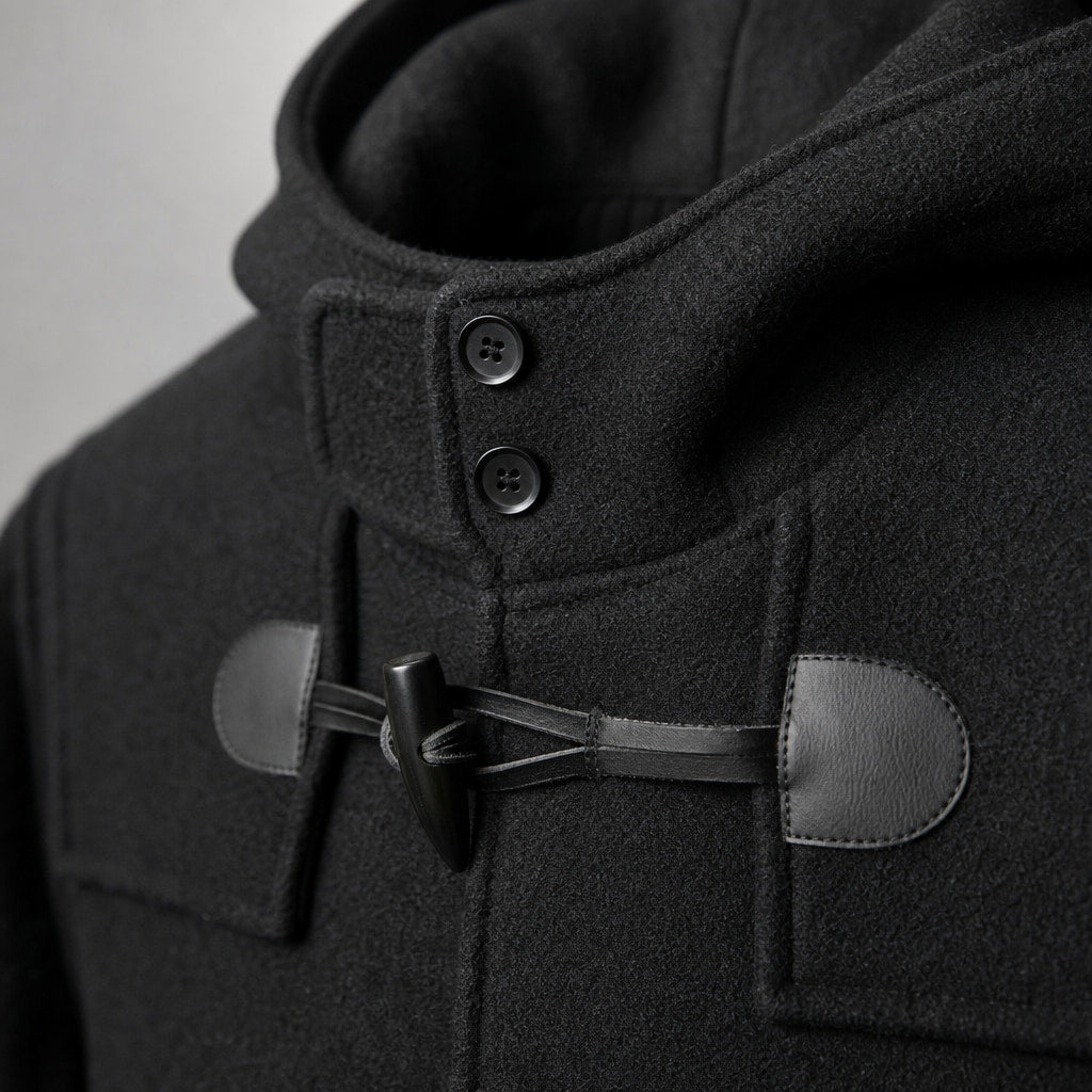 Duffle Coat Toggle Front Black Black – Fabric and Detail Close-Up