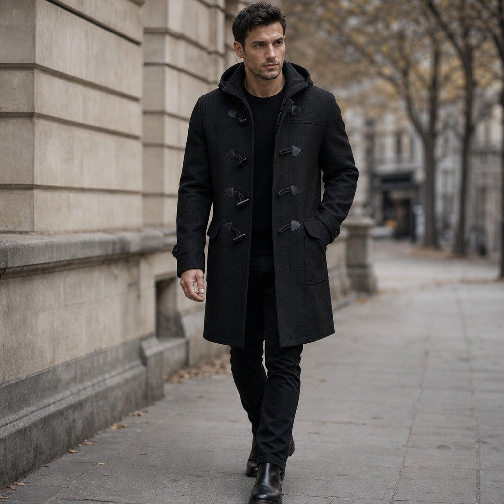 Duffle Coat Toggle Front Black Black – Styled Editorial Shot