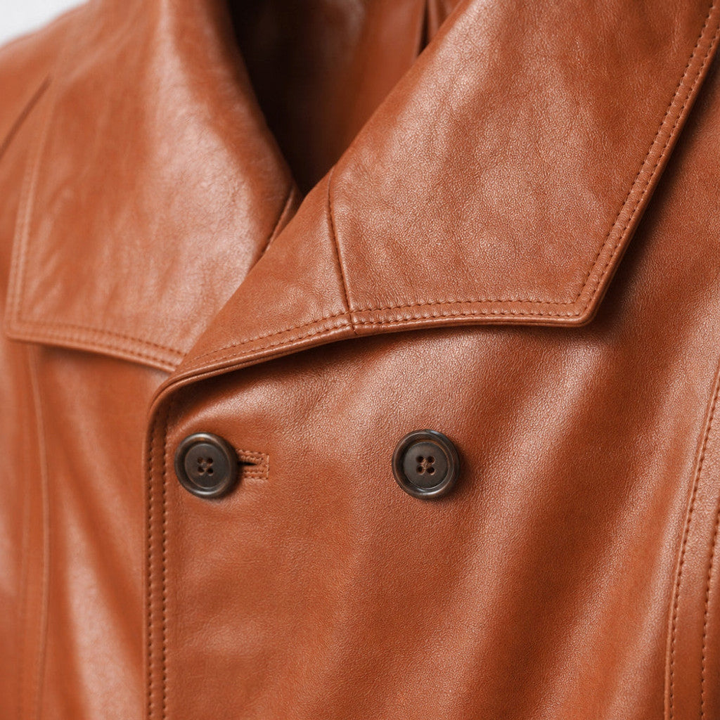 Harbrook | Double Breasted Leather Coat Tan Brown – Fabric and Detail Close-Up