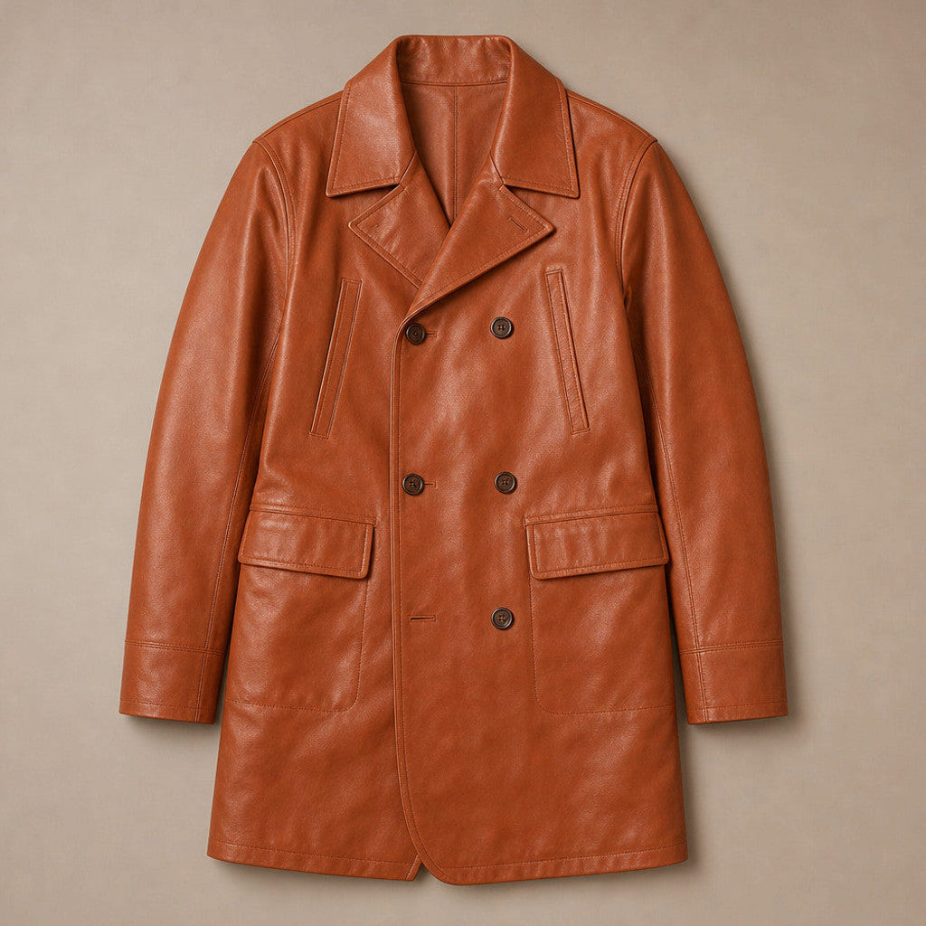 Harbrook | Double Breasted Leather Coat Tan Brown – Flat Lay Product Photo
