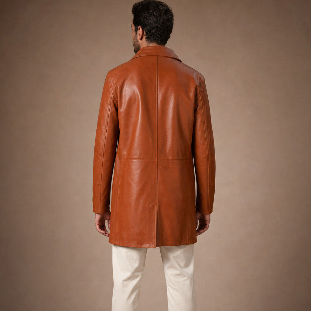 Harbrook | Double Breasted Leather Coat Tan Brown – Full Look