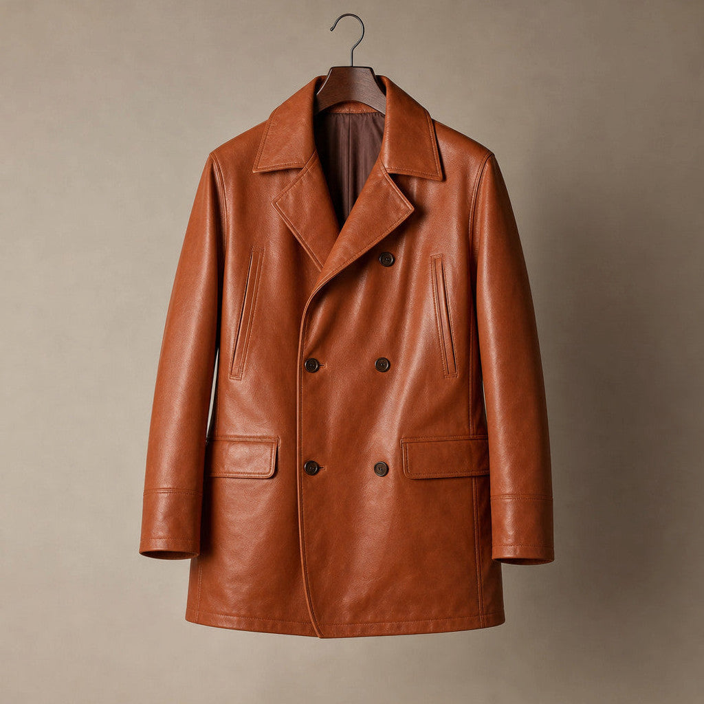 Harbrook | Double Breasted Leather Coat Tan Brown – Product Photo
