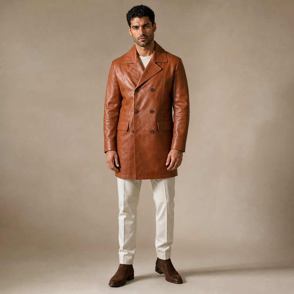 Harbrook | Double Breasted Leather Coat Tan Brown – Premium Editorial
