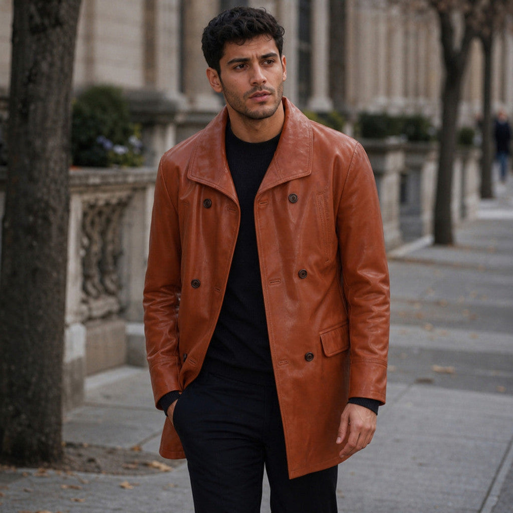 Harbrook | Double Breasted Leather Coat Tan Brown – Styled Editorial Shot